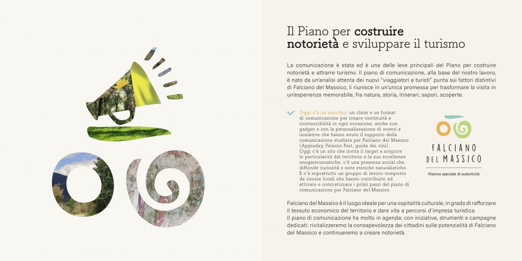 Doppia pagina di una brochure dedicata al piano per costruire notorietà e sviluppare il turismo a Falciano del Massico, con grafica del marchio territoriale, logo “Falciano del Massico” e testo descrittivo sulle attività di comunicazione e valorizzazione del territorio.